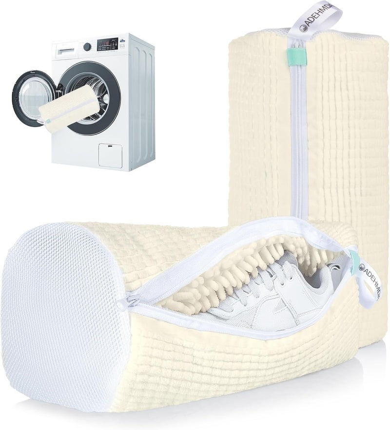 ADEHMDA 2Pcs Shoe Washing Machine Bag, Sneaker Laundry Bag for Washing Machine, Extra Long and Thick Microfibre Fluff, Reusable for Washer and Dryer (2pcs, Cream white) - Image 1